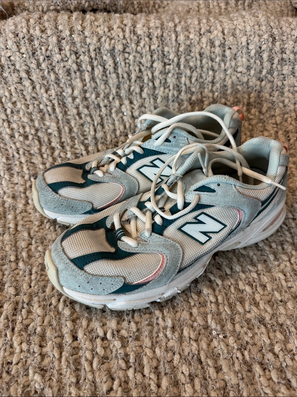 New Balance x CALIA 530 Sneakers- Cream with Mint Green, Teal, and Pink Accents